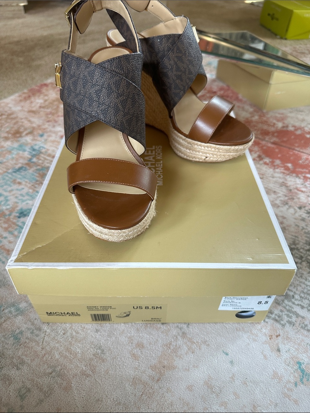 Michael Kors Brown Leather and Logo Espadrille Wedge Sandals
